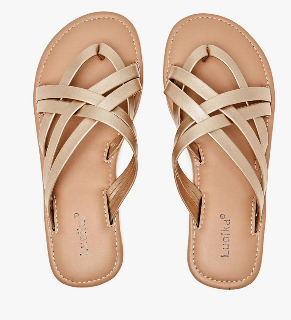 Luoika Women's Wide Width Flat Sandals, Flip Flop Slides Sandal Casual Strapy Sandal Slip on Summer Beach Shoes for Women 10XW