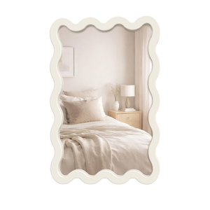 22"x30" White Wavy Wall Mirror for Vanity, Cream Solid Wood Irregular Mirror for Bedroom, Cute Squiggle Mirror for Aesthetic Decor, Small Asymmetrical Curvy Frame