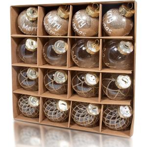 16 Pcs Clear Rustic Farmhouse Merry Christmas Ornaments, 60mm/2.36 Inch Gold Champagne Shatterproof Hand-Painted Xmas Decorations for Christmas Tree, Home Decor