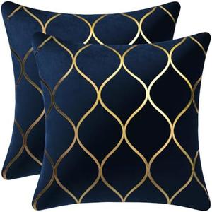 DEZENE Gold Velvet Throw Pillow Covers Navy: 2 Pack 18x18 Inch Square Decorative Pillow Cases for Bedroom Sofa Couch Living Room