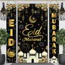 AIBIIN 3PCS Eid Mubarak Banners Decorations for Home Black Eid Mubarak Door Porch Sign Decorations Banner Muslim Ramadan Kareem Banner Decor Wall Hanging Decor