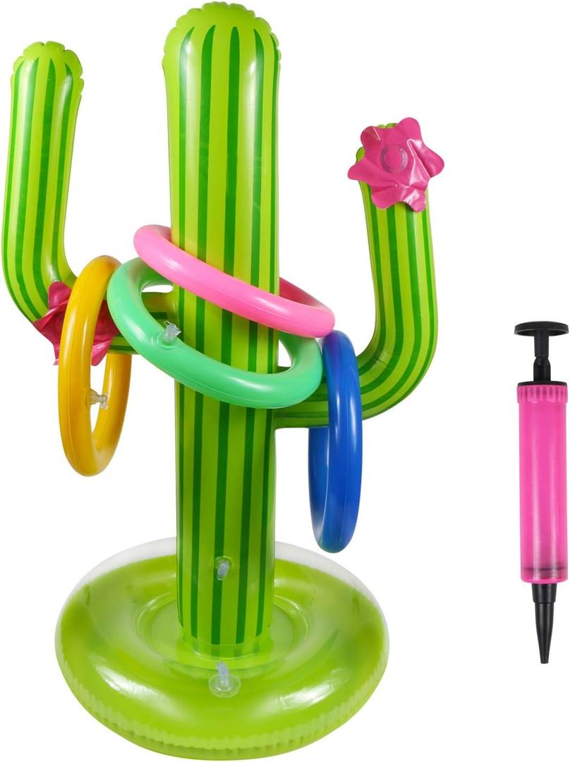 Inflatable Cactus Ring Toss Game Set Target Toss Floating Swimming Ring Toss Includes Cactus,4 Rings for Fiesta Party Accessories Hawaiian Pool Beach Party Decoration Supplies