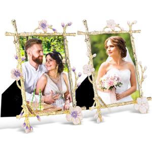 Geelin 2 Pcs 5"x7" Gold Picture Frame with High Definition Glass Ornate Pretty Floral Metal Picture Frame Golden Tabletop Display Decor Gift for Wedding Women Home Decor Graduation Commemorate