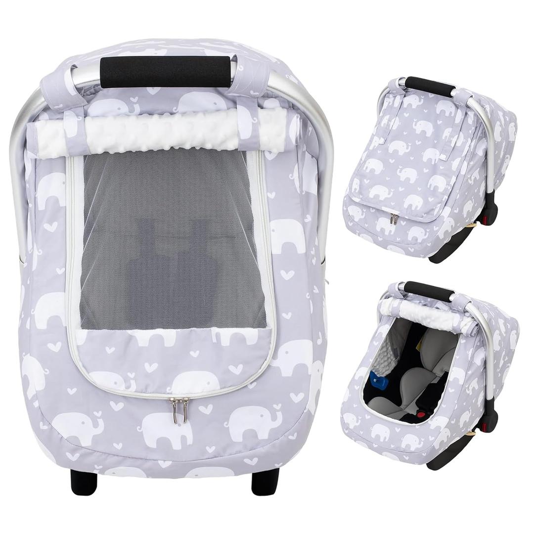 Baby Car Seat Cover, Mink Dot Infant Car Seat Cover for Girls Boys, Universal Carseat Cover with Mesh Peep Window & Sun Shade, Breathable Baby Carrier Canopy Cover for Spring Autumn (Elephant)