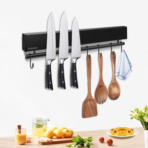 12 Inch Magnetic Knife Holder with 5 Hooks, No Drilling Black Magnetic Strip and Utensil Hanger for Wall