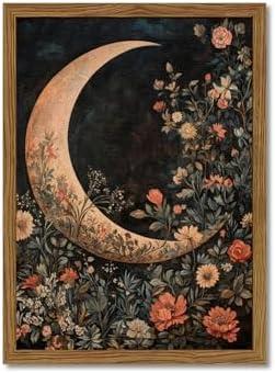 Moody Moon Floral Wall Art Dark Academia Goth Moon Wall Decor Painting Vintage Flower Celestial Artwork 3D Texture Sandstone for Bedroom Living Room 16x24 inch Wood Framed