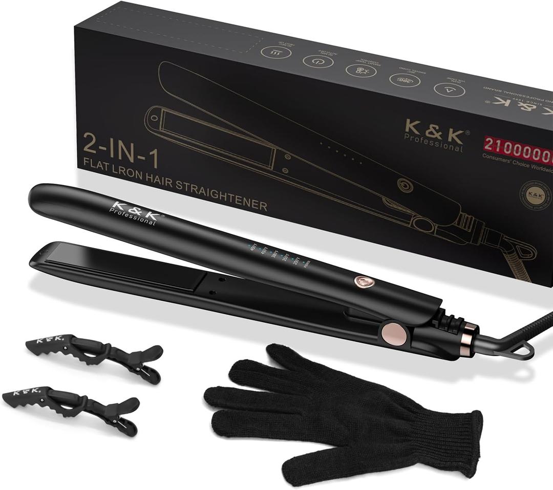 K&K 1 inch Flat Iron 2 in 1 Curler Tourmaline Titanium Hair Straightener 1 inch Plate 4D 360Swivel LED Display for Woman Short Hair Adjustable Temperature Dual Voltage 110v-220v Auto Shut Off