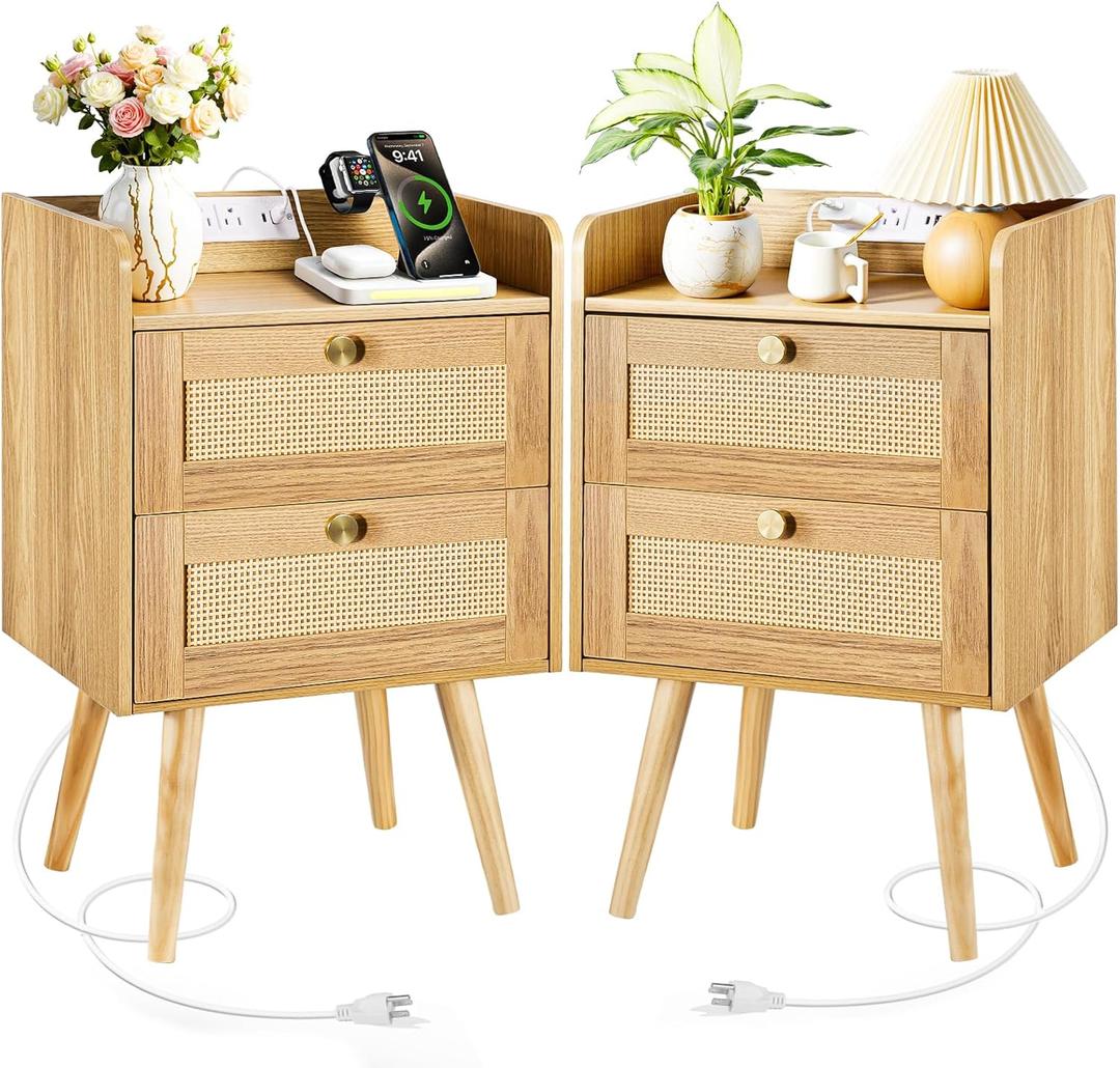 Nightstands Set of 2 with Charging Station, Modern Boho Rattan Bedside Tables with 2 Drawers, Solid Wood Legs, Open Storage End Tables for Bedroom Living Room Dorm  Natural