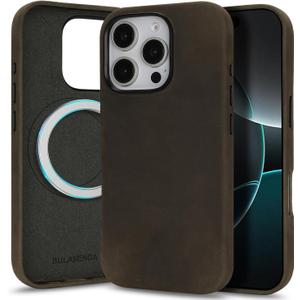 Compatible with iPhone 16 Pro Leather Case,Crazy Horse Genuine Leather,Classic Retro,Magnetic Wireless Charging,Metal Button,Saddle Brown