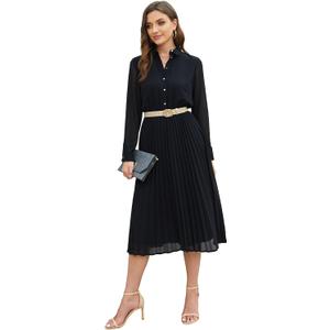 Business Casual Shirt Dress for Women Long Sleeves Pleated Midi Dresses with Belt (X-Large, Black)