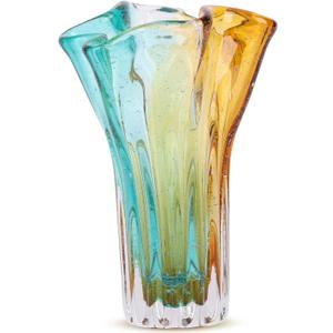 Hand Blown Wide Mouth Petal Glass vase, Colorful Modern Glass Art Home Decoration vase for Family Living Room, Wedding Venue, Dining Table Centerpiece, entryway Tabletop