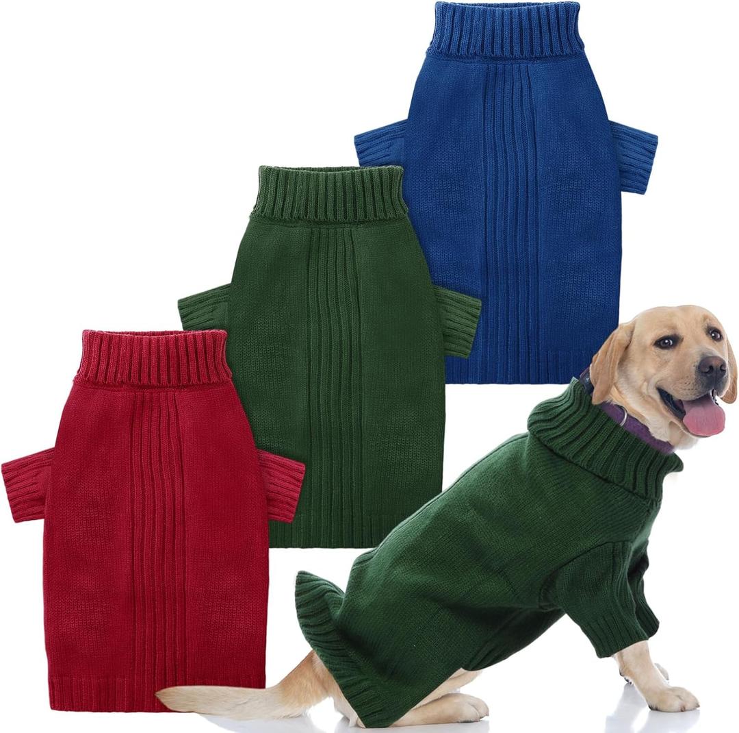 3 Pcs Thermal Knitted Dog Sweater Doggy Winter Pullover Sweater Pet Warm Clothes Turtleneck Knitwear Outfits for Cold Weather(XL) (Red,Green,Blue)