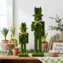 Weysat 2 Pcs Flocked Easter Nutcracker Figure Wooden Moss Nutcracker Figures with Straw Woven Bow Easter Ornament for Festival Party Gift Shelves Table Desktop Fireplace Decor, 10inch, 15inch