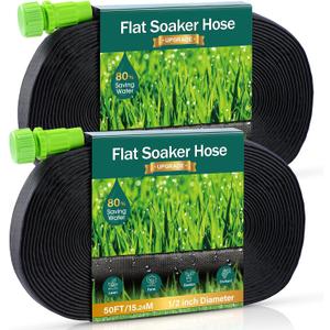 Soaker Hose - Flat Soaker Hose 100 FT for Garden Beds, 2 x 50 FT Garden Soaker Hoses with Heavy Duty, Double Layer Sprinkler Soaker Hoses