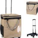 Reusable Grocery Bags on Wheels, Rolling Tote, Portable Shopping Cart for Groceries with Wheels and Drawstring Bag, Trolley, 54L, Foldable, Khaki