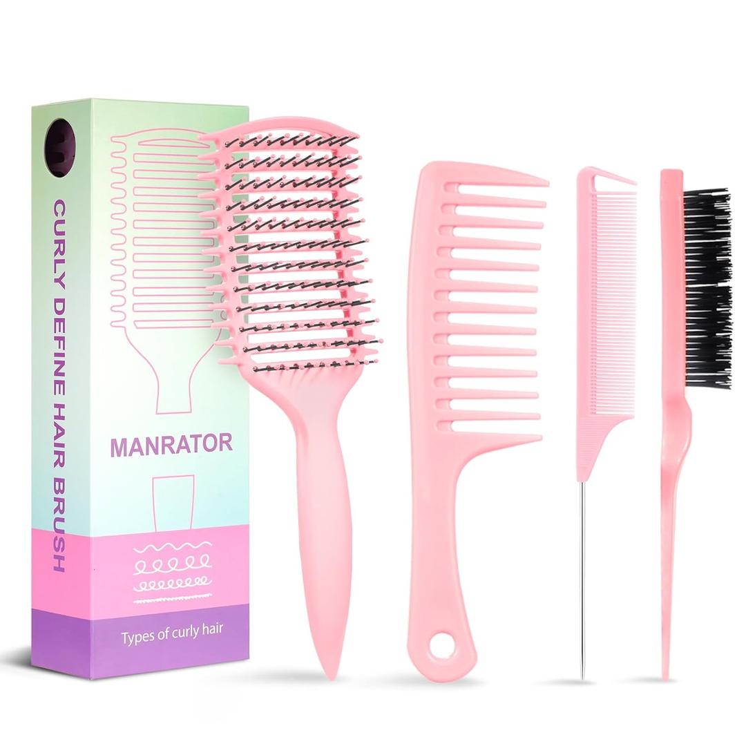 Curl Defining Brush, Vented Curly Hair Brush for Effortlessly Detangling Shaping and Defining Women's Men's Curls on All Wet or Dry Hair Types, Reduces Frizz (Pink)