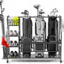 Golf Bag Storage Rack for Garage, Heavy Duty Golf Organizer with 3-Tier Storage Shelf, Golf Club Stand Holder for 2-3 Bags, Balls, Shoes & Accessories, Metal Golf Equipment Storage Organizer, 3-Bag Capacity