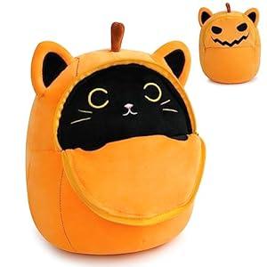 Leokawin Halloween Plush - Black Cat Plush, Cute Halloween Stuffed Animal, 8inch Pumpkin Black Cat Stuffed Animal, Kawaii Kitten Stuffed Pumpkin Party Decor for Kids
