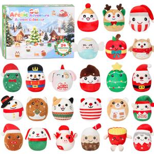 24-Pack Mini Squishy Plush Toys Advent Calendar Soft Stuffed Animals for Kids & Adults, Cute Collectible Plushies, Sensory Play Toys, Party Favors, Classroom Prizes, Desk & Room Decor, Stocking Stuffers for Birthday, Holiday Gifts