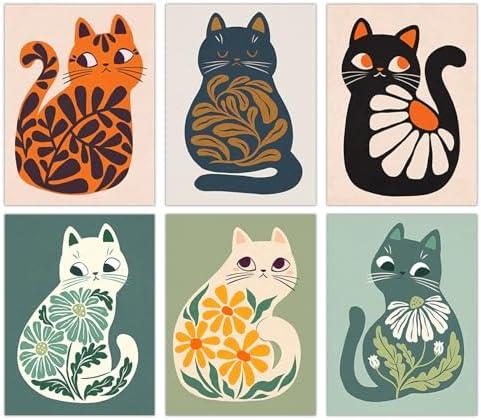 FEOFTIE Cat Wall Art Neutral Boho Poster Plants Retro Animal Pictures Print Green Posters Mid Century Printing Colorful Cat Art Vintage Orange Bedroom Bathroom 24x16 Inch Set of 3