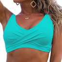 Fanuerg Women's Twist Front Bikini Top V Neck Push Up Padded Swimsuit Top Bathing Suits (Medium, 01- Lake Green)