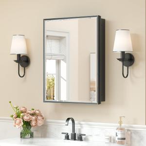 Keonjinn 20" x 26" Black Medicine Cabinet for Bathroom, Recessed or Surface Wall-Mounted Aluminum Alloy Framed Beveled Mirror with Storage, Mirrored Cabinets with 2 Adjustable Shelves for Bath Modern