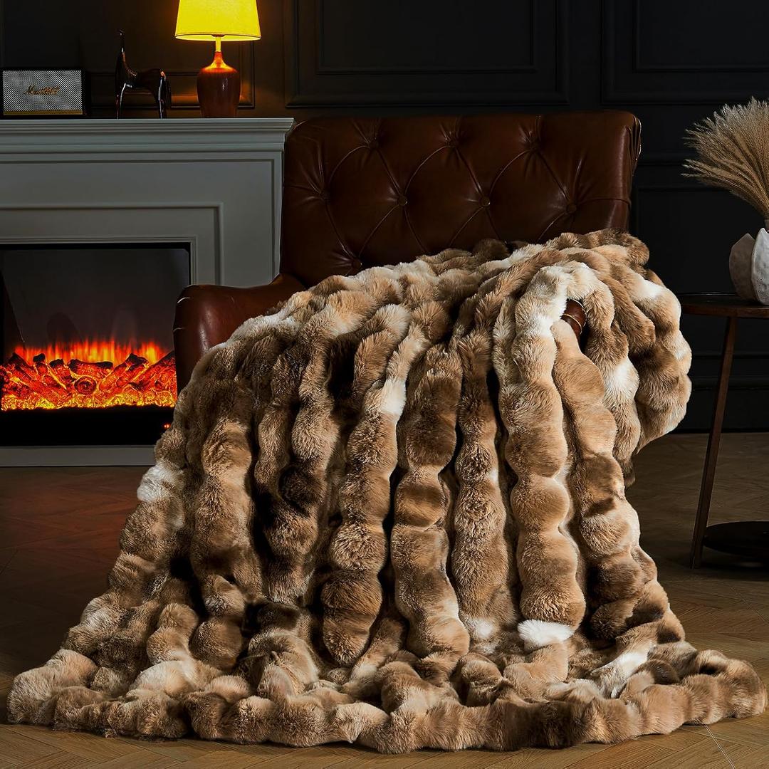 Faux Fur Throw Blanket for Couch, Fluffy Fuzzy Plush Bubble Blanket, Soft Warm Cozy Shaggy Rabbit Blanket, Luxury Decorative Gifts for Sofa Bedroom Living Room, 90x90inch (Tie-Dye-Brown)