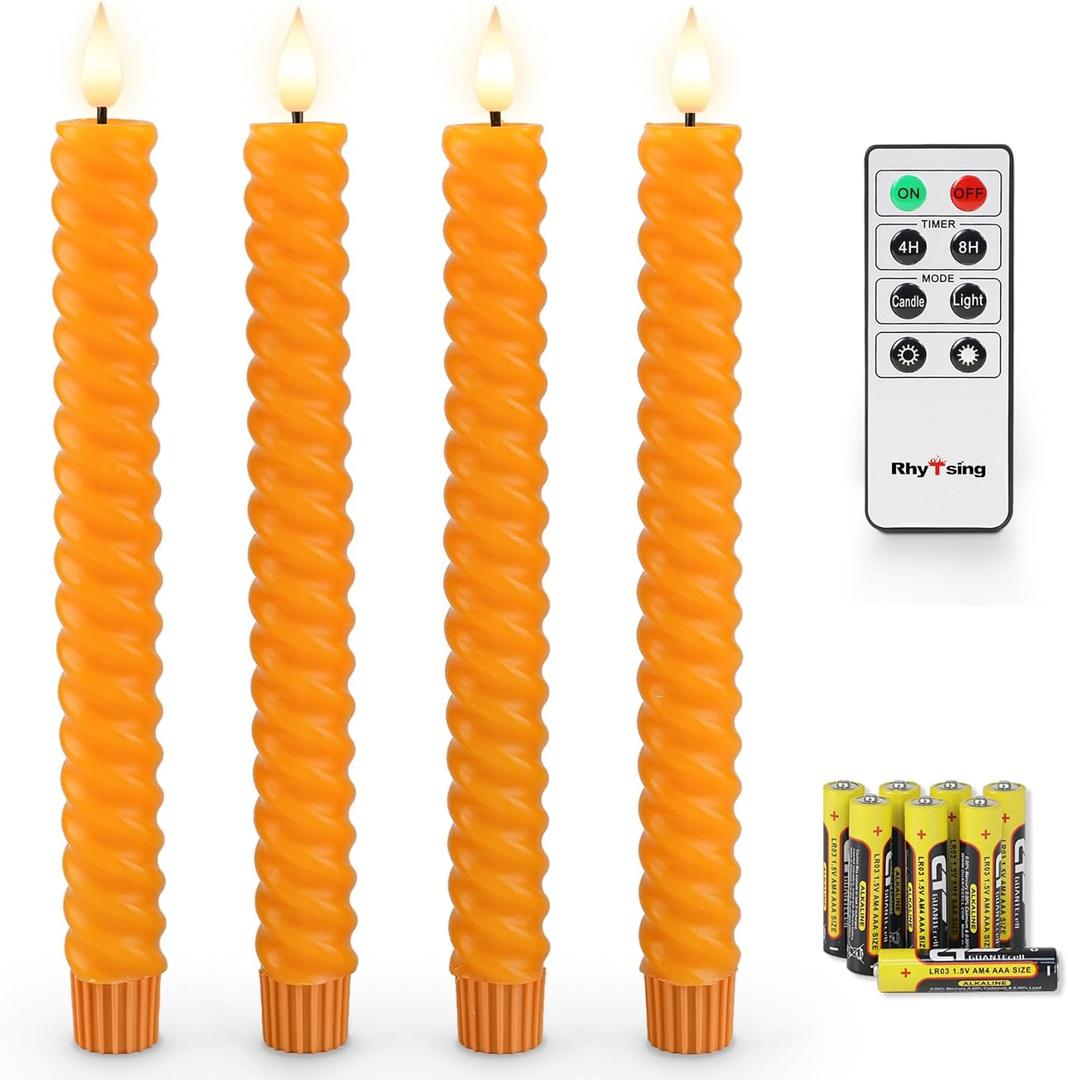 Rhytsing 10" Orange Flameless Twisted Taper Candles with Timer, Battery Operated Spiral Led Candlesticks for Fall and Halloween, Remote & Batteries Included - Set of 4