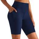 GROTEEN Biker Shorts Women with Pockets - 8'' High Waisted Tummy Control Yoga Workout Running Gym Spandex Shorts (Small-Medium, 03-navy)