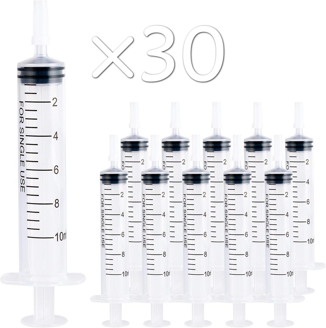JOLLY PARTY 10ml Plastic Syringes, Small Syringe with Tip Cap, 30 Pack Oral Syringe for Scientific Labs, Feeding Pets, Measurement, Refilling, 10ml Measuring Tools for Liquid, No Needle