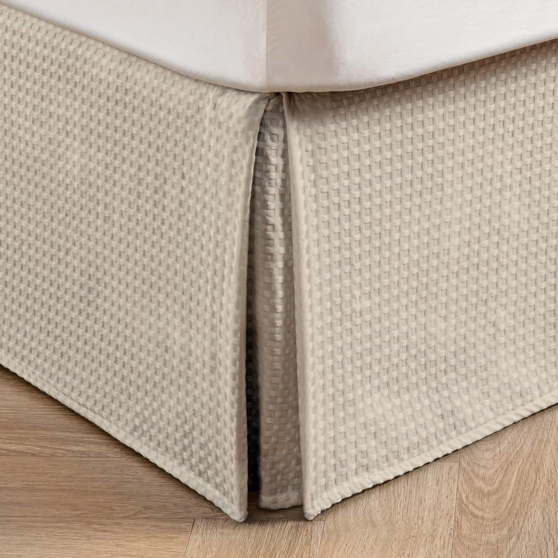 MIYE Pleated Waffle Weave Bed Skirt, Tailored Dust Ruffle 12 Inch Drop Easy Fit, Machine Washable,No Split Corners (Beige, King - 12" Drop)