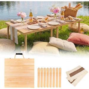 60"x30" Low Folding Picnic Table, Portable Boho Floor Table with Tablecloth, Ideal for Camping, Wedding, Beach, Garden, Party