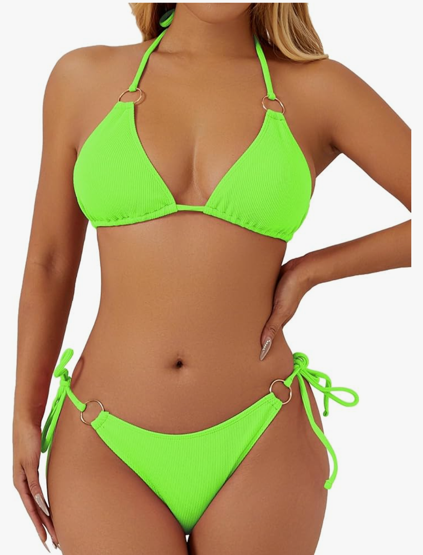swimall Women's String Bikini Set Sexy Tie Side Two Piece Swimsuit Cute Triangle Halter Bathing Suit, Size L