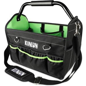 17-Inch Open Top Tool Bag, Electrician Tool Bag, Tool Tote Bag Organizer for Easy Tool Access, 33 Pockets Foldable Tool Carrier with Rotating Steel Handle and Removable Shoulder Strap (Black+Green)