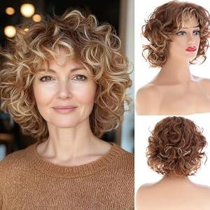 Wiwige Short Curly Light Brown Wig with Bangs for Women Shaggy Curly Natural Synthetic Heat Resistant Cosplay Costume Wig(mixed blonde)
