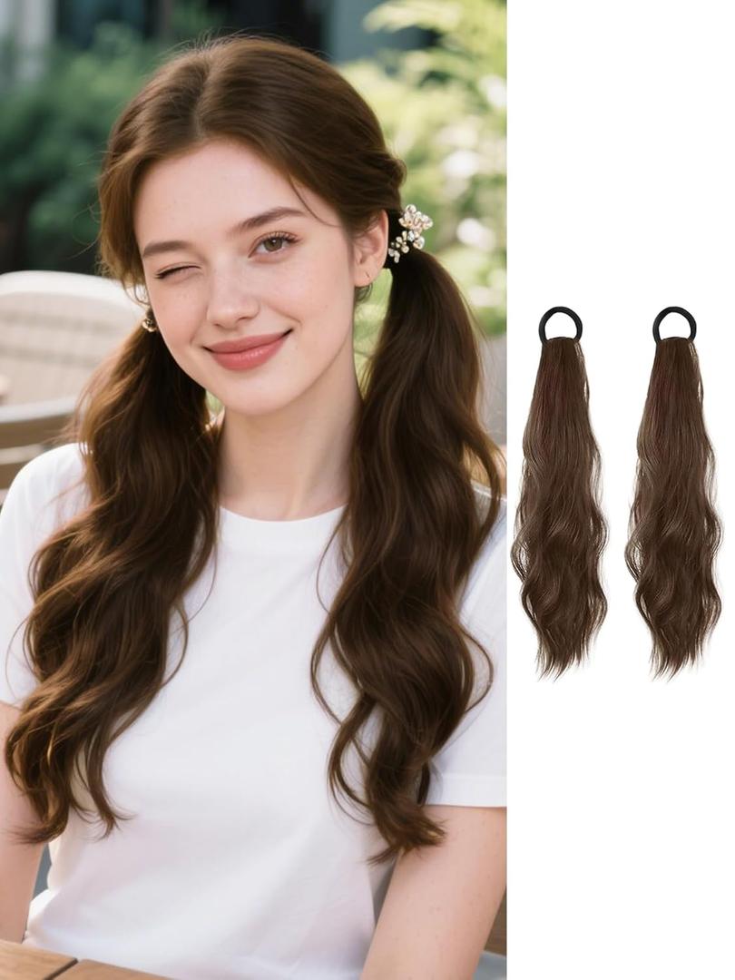 2PCS Curly Ponytail Extension with Elastic Tie 17 Inch Resistant Synthetic Natural Wavy Hairpiece Pony Tail Hair Extensions Wave Fake Ponytail Hairpieces for Women Daily WearLight-Brown
