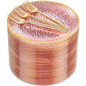 DaYammi 240Pcs Pink Plastic Plates Including 120Pcs Pink Dessert Plates and 120Pcs Gold Plastic Forks,Hammered Party Plate,pink and Gold Appetizer plates Heavy duty Disposable Cake Plate for Party