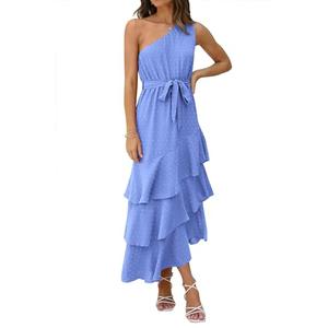 PRETTYGARDEN Women's Summer Floral Sundress Casual One Shoulder Tiered Ruffle Flowy Midi Beach Boho Dresses (Swiss Dot Blue, Medium)