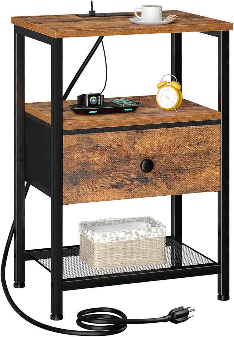 LOAKEKEL Night Stand with Charging Station, Small Bedside Table with Fabric Drawer, Nightstand with USB Ports & Outlets for Bedroom, Brown, HETS010BR-1, 15.74 inches x 11.81 inches x 23.8 inches
