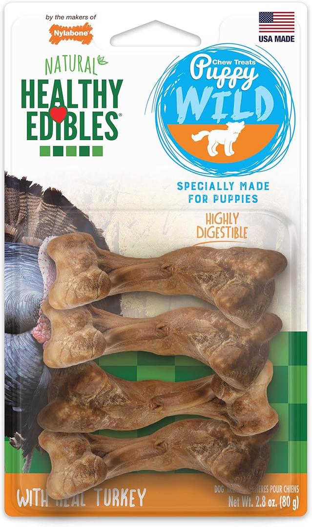 Nylabone Healthy Edibles WILD Natural Long-Lasting Turkey Flavor Bone Chew Treats for Dogs, Small/Regular (4 Count) (2.8 Ounce (Pack of 1))