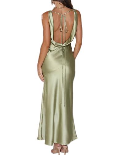 Womens Elegant Satin V Neck Backless Sleeveless Maxi Dress Silk Tie Low Back Formal Cocktail Dresses Wedding Guest Sage, M