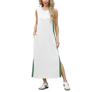GRECERELLE 2025 Women Summer Color Blocking Round Neck Sleeveless Casual Wrinkle-Free Side Split Maxi Dress with Pockets M