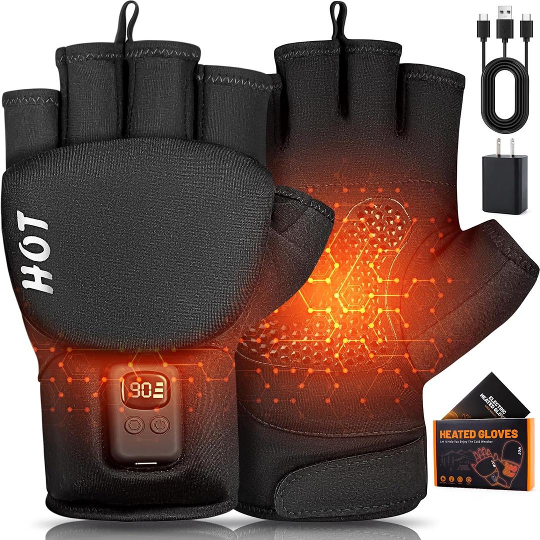 Heated Gloves for Men Women- Rechargeable Electric Full&Half Hands Heated Gloves Outdoor Work Arthritis Pain Relief Hot Compress Hand Warmers for Cycling Skiing Hunting Large