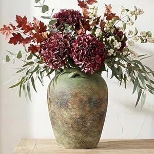 Rustic Ceramic Vase for Home Decor, Vintage Boho Farmhouse Decorative Vase, Distressed Pottery Flower Vases for Pampas Grass Dried & Artificial Flowers Table Centerpiece Vases, Green 11.2 Inch