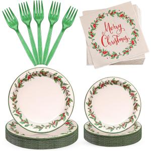 Lounsweer 96 Pcs Christmas Party Supplies Paper Plates and Napkins Disposable Dinnerware Set Include Christmas Plates Napkins Forks for Xmas Holiday Table Decorations 24 Guests (Red Berry)