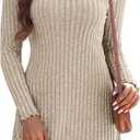 Women's Knit Long Sleeve Sweater Dress Lettuce Trim Mock Neck Tunic Dress Fall Winter Casual Trendy Outfits (Apricot), S