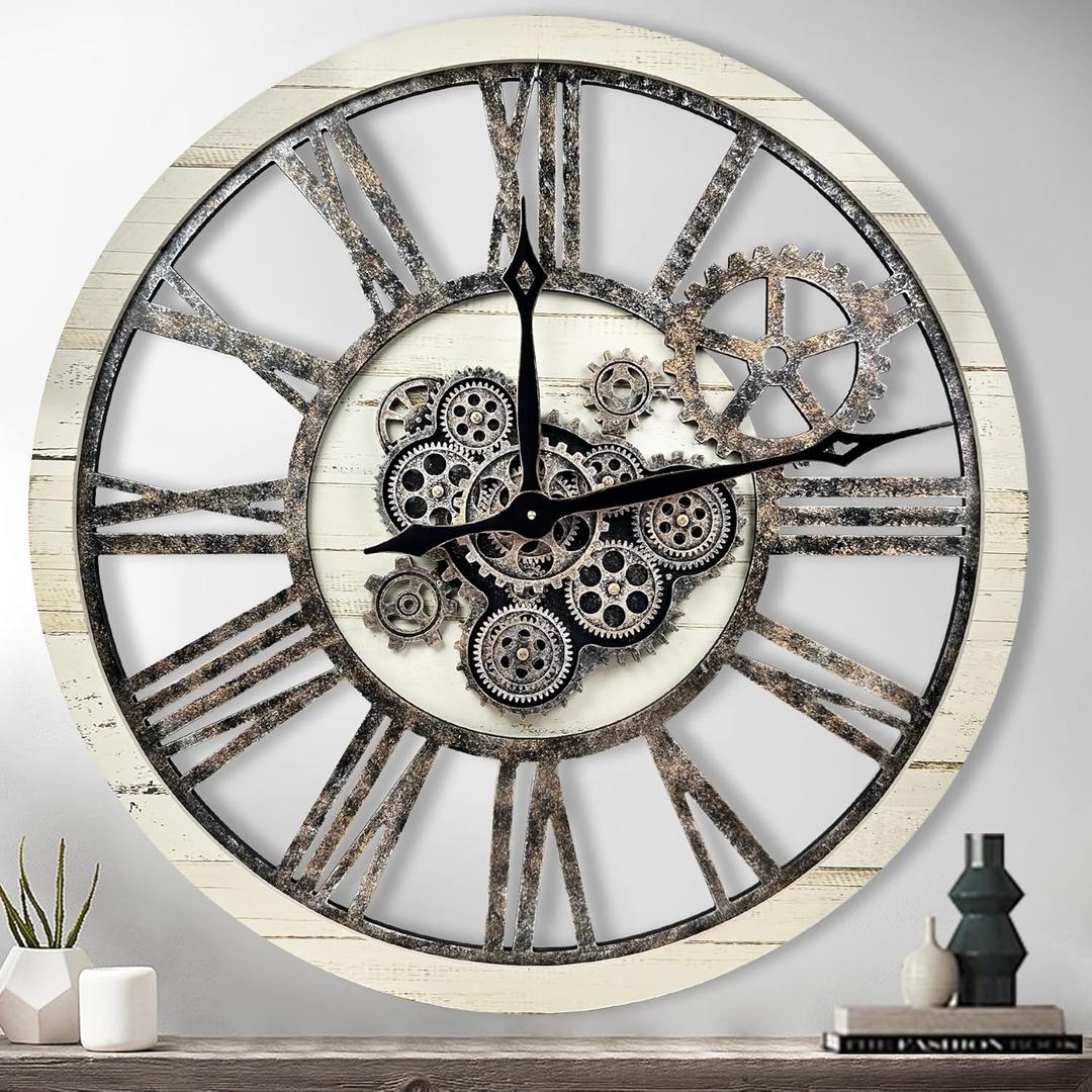 The B-Style Large Real Moving Gears Wall Clock 30 inch Rustic Retro Industrial Farmhouse Wood Clock Oversized Decorative Vintage Wall Clocks for Living Room (Desert Beige and Bronze) (30 inch/76cm)
