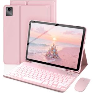 Keyboard Case for Lenovo Tab M11 / K11 LTE 11 Inch 2024, Mouse and 7 Colors Backlit Detachable Keyboard, Adjustable Stand Built in S Pen Holder, Auto-Sleep/Wake Feature, Pink