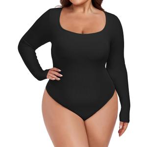 FOREYOND Plus Size Bodysuits for Women Long Sleeve Scoop Neck Bodysuit Sexy One Piece Body Suit Tops (Black, XXXL)