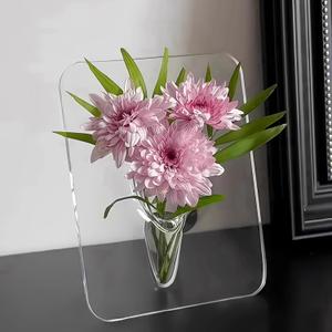 Frame Flower Vase, Clear Acrylic Flower Container, Modern Art Decoration for Home Decor, Desktops Bookshelf Table House Warming Gifts and Photography Props (Transparent)